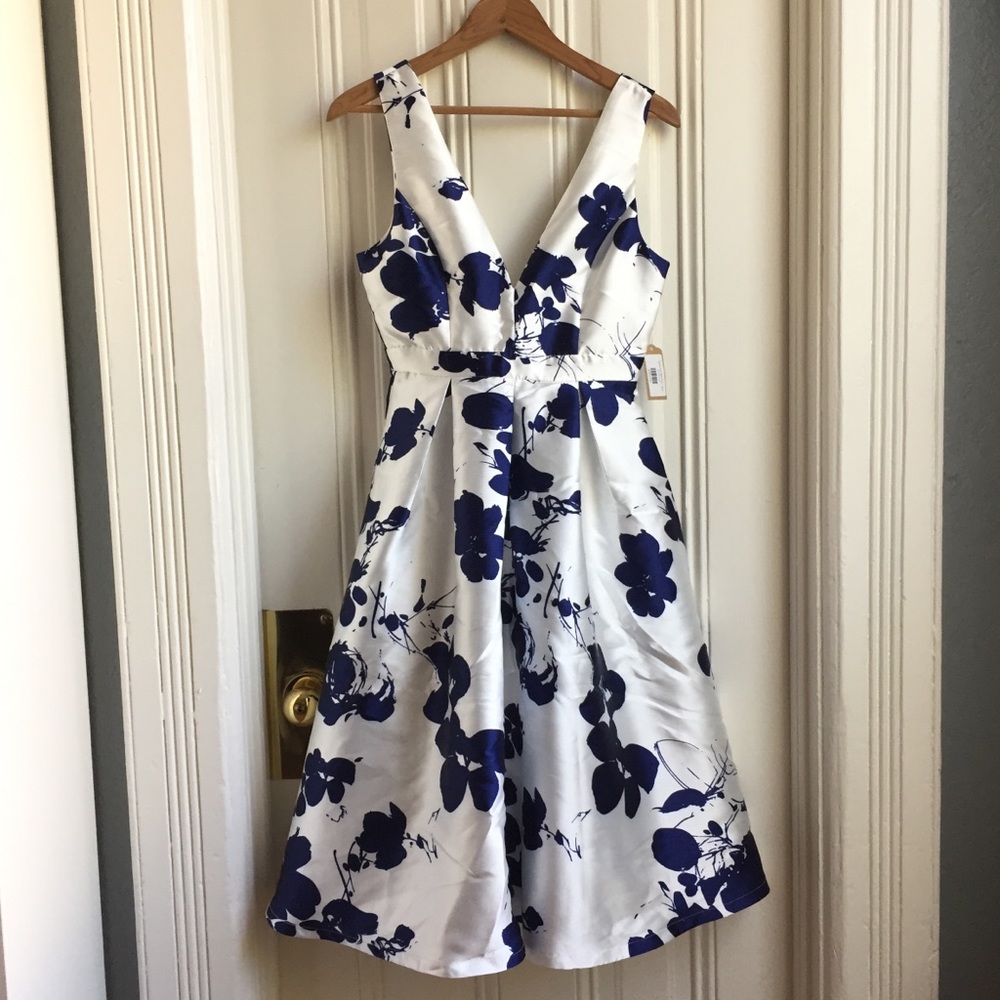 San Joy Floral Print Navy and White Midi Dress